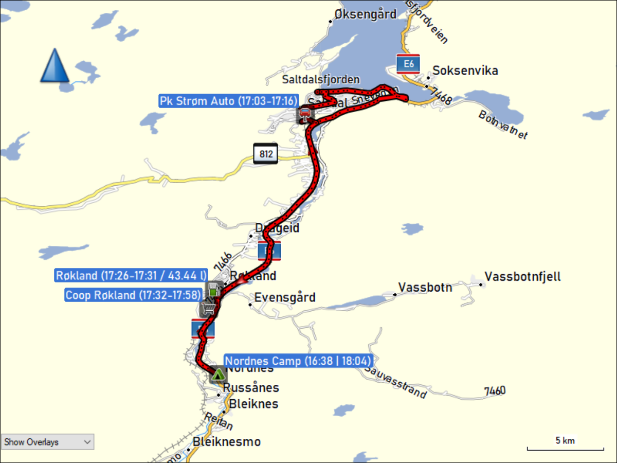 wegstrecke der fahrt vom nordnes camp nach rognan und zurueck via rokland