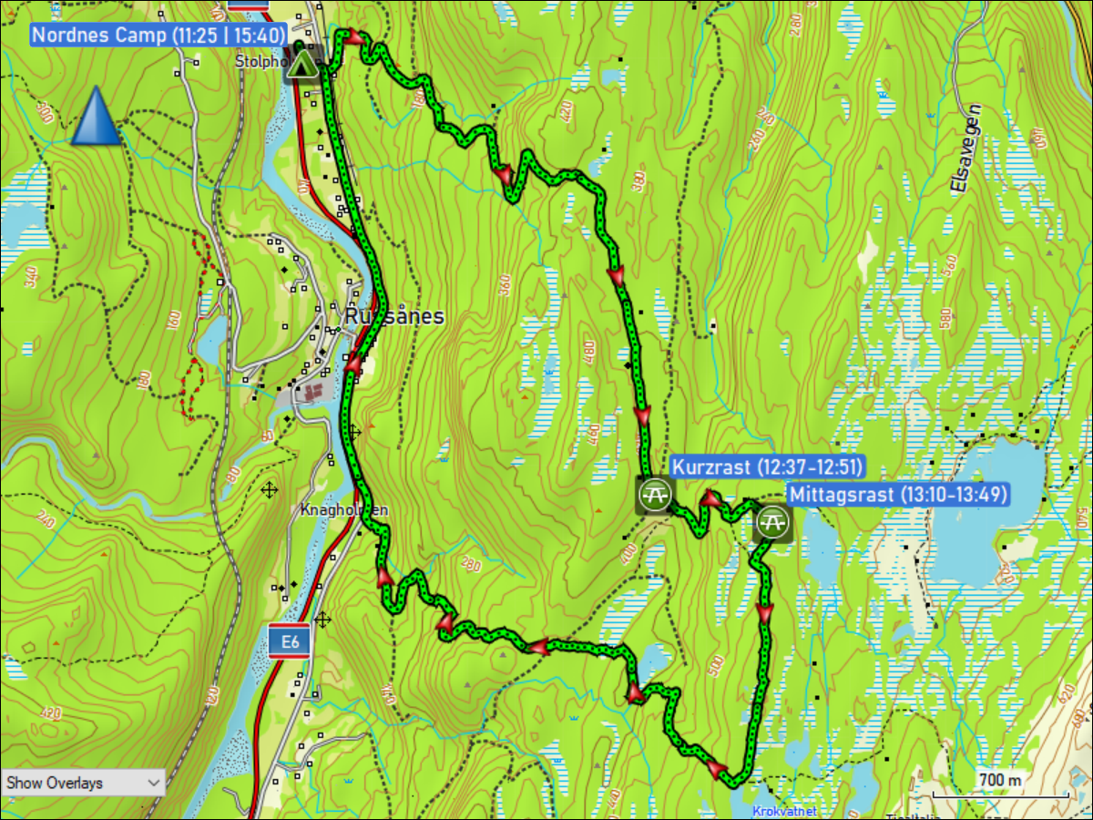 wegstrecke der wanderung vom nordnes camp auf das nordnesfjell und zurueck