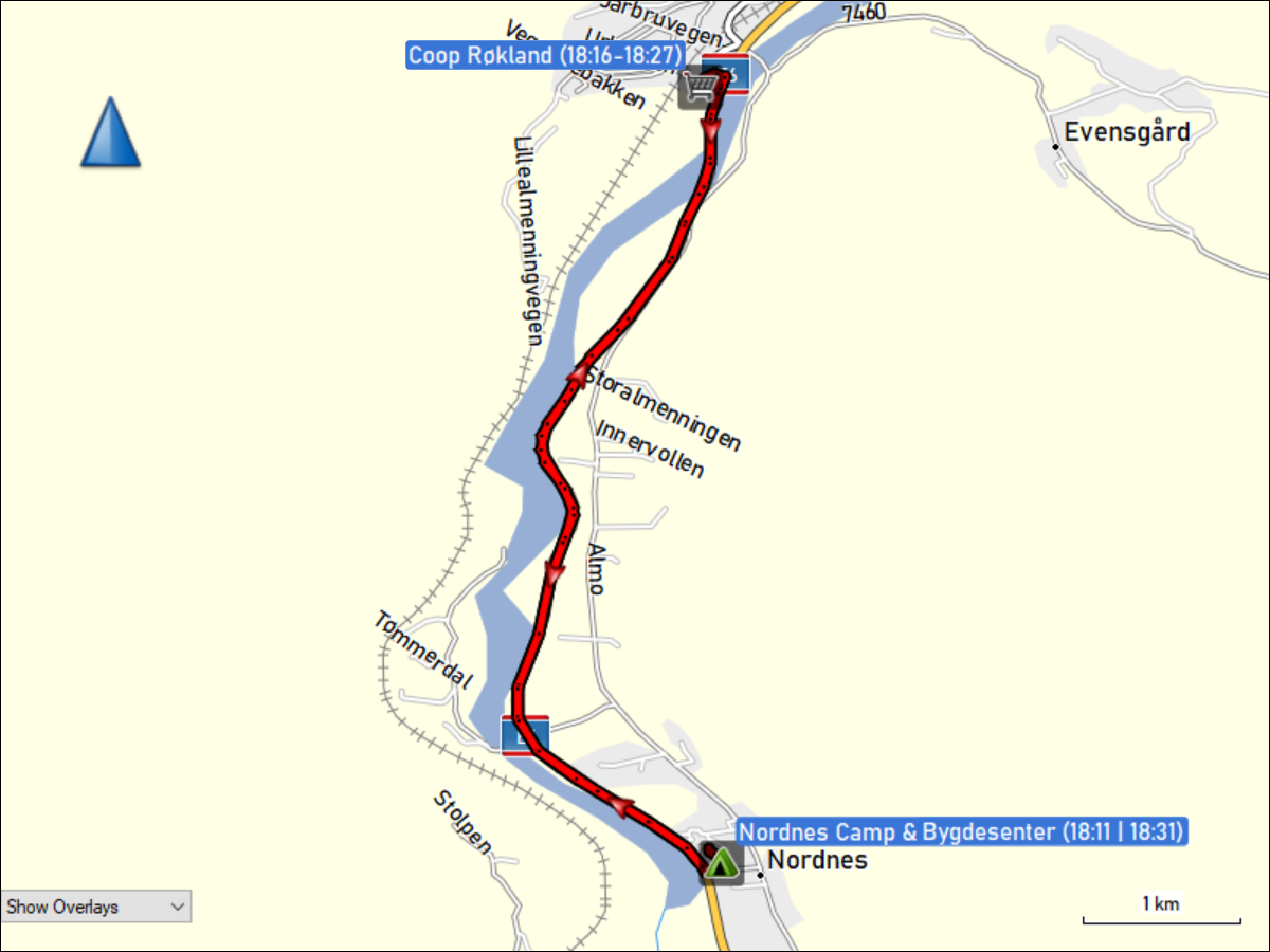 wegstrecke der fahrt vom nordnes camp zum coop rokland und zurueck
