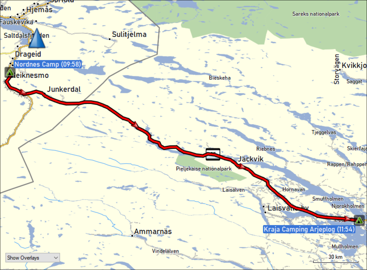 wegstrecke der fahrt vom nordnes camp zum kraja camping bei arjeplog
