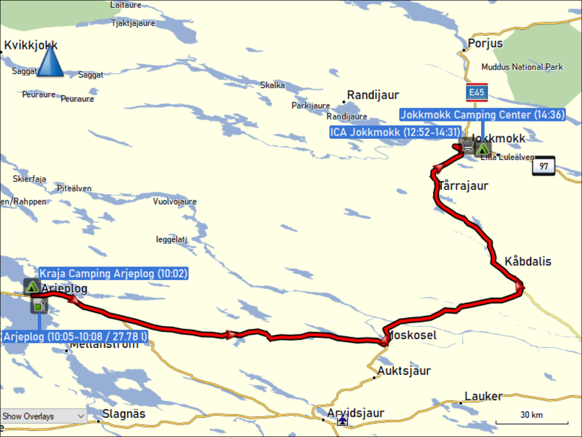 wegstrecke der fahrt vom kraja camping bei arjeplog zum jokkmokk camping center