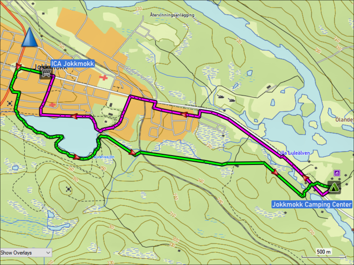 wegstrecke der wanderung vom jokkmokk camping center zum ICA jokkmokk und zurueck