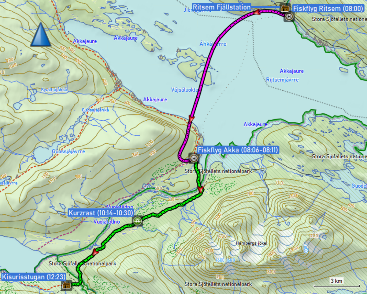 wegstrecke des helikopterflugs von ritsem nach akka sowie der wanderung von akka zur kisurisstugan