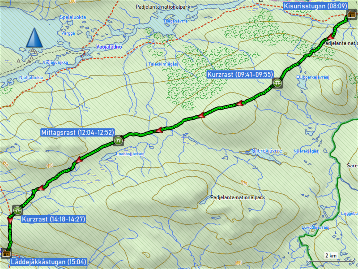 wegstrecke der wanderung von der kisurisstugan zur laddejakkastugan