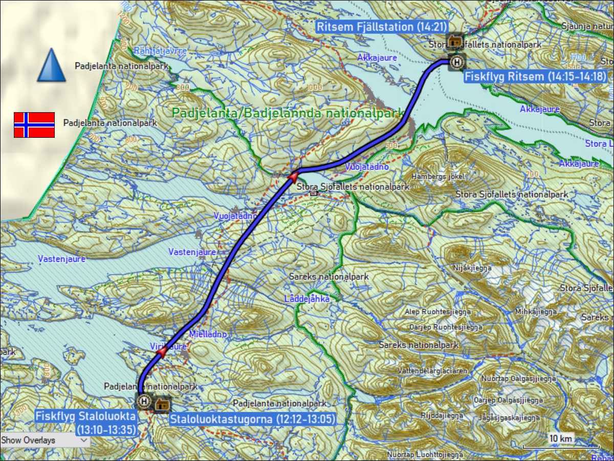 wegstrecke des helikopterfluges von den staloluoktastugorna nach ritsem