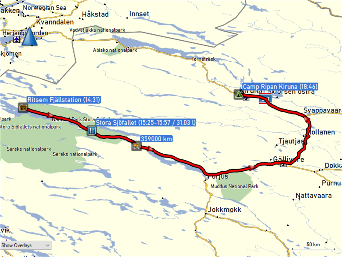wegstrecke der fahrt von der ritsem fjaellstation zum camp ripan in kiruna
