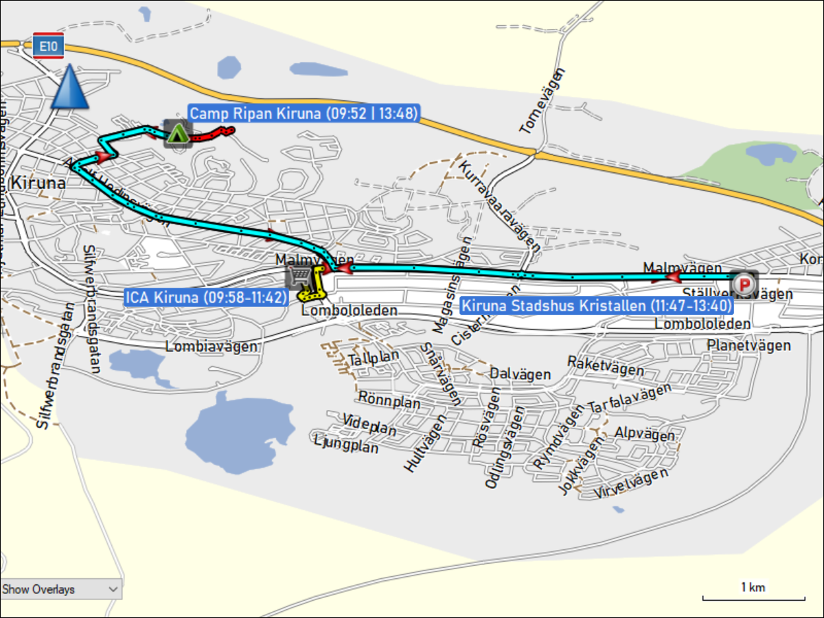 wegstrecke der fahrten in kiruna vom camp ripan via ICA zum stadshus kristallen und zurueck