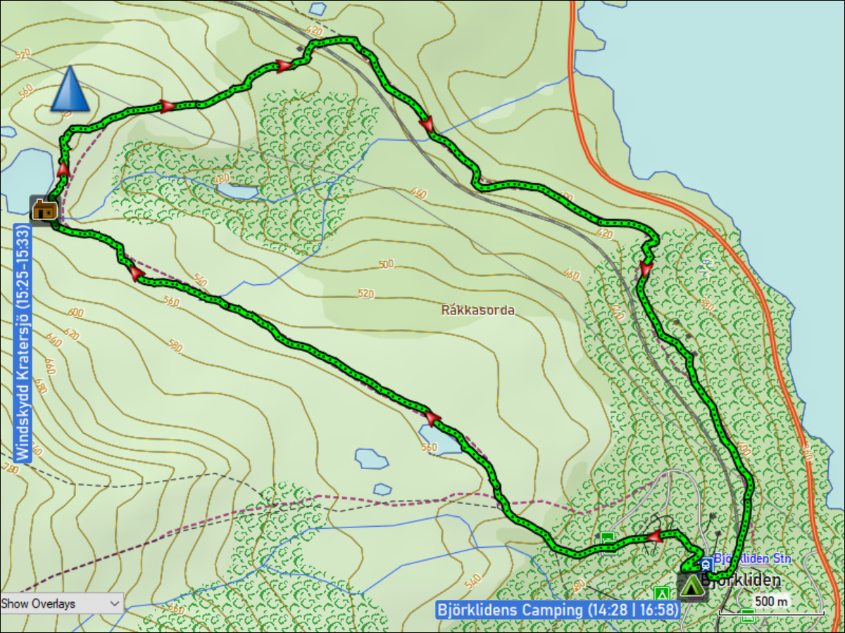 wegstrecke der rundwanderung ab dem bjoerklidens camping zum kratersjoe und zurueck