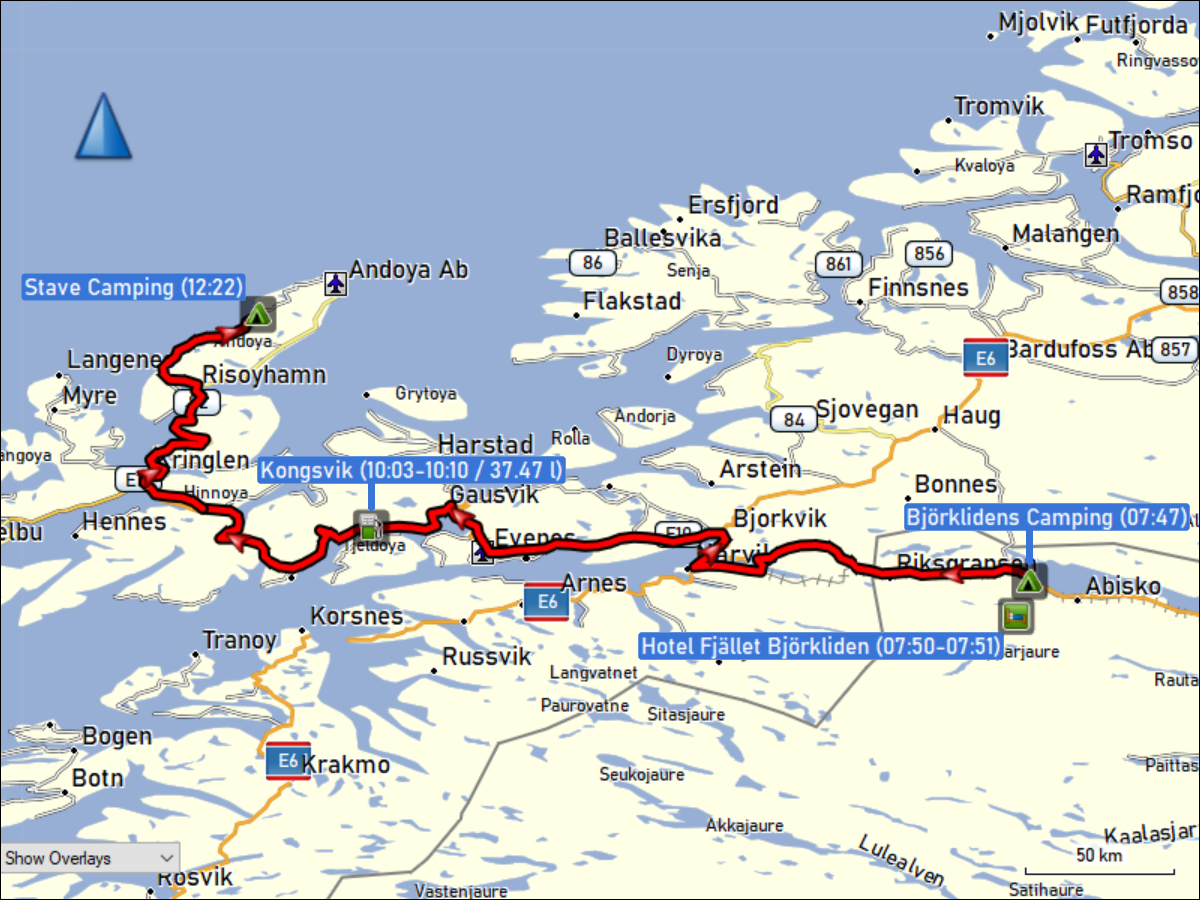 wegstrecke der fahrt vom bjoerklidens camping zum stave camping