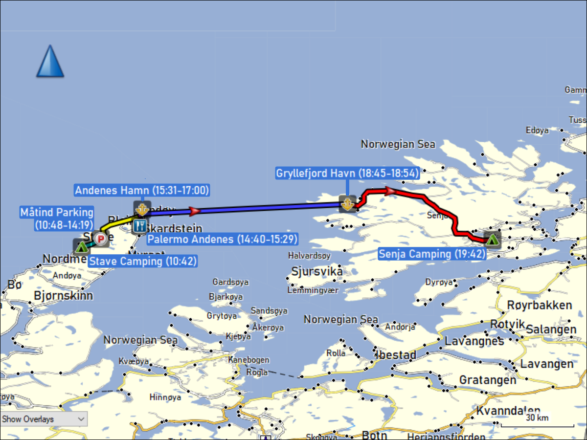 wegstrecke der fahrt vom stave camping via andenes zum senja camping inklusive der ueberfahrt mit der faehre von andenes nach gryllefjord