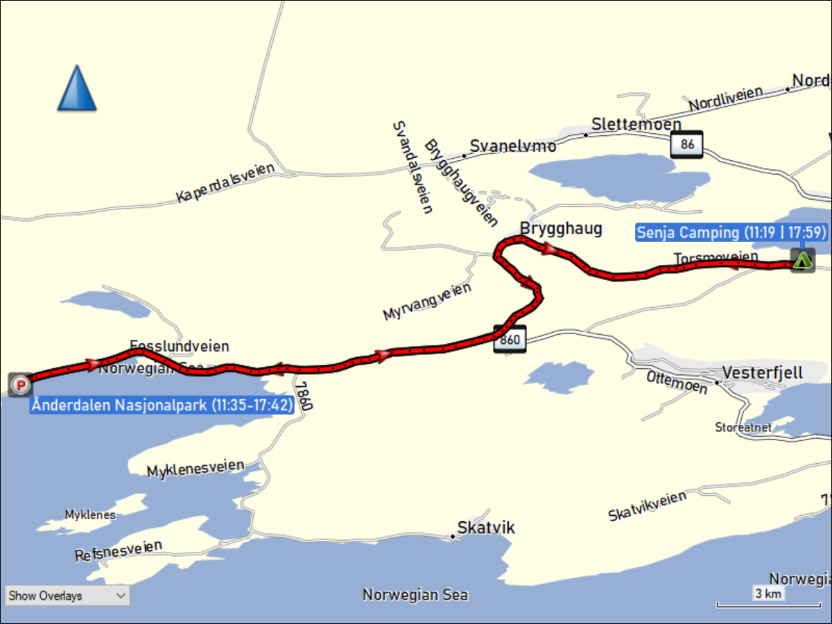 wegstrecke der fahrt vom senja camping zum parkplatz anderdalen nasjonalpark und zurueck