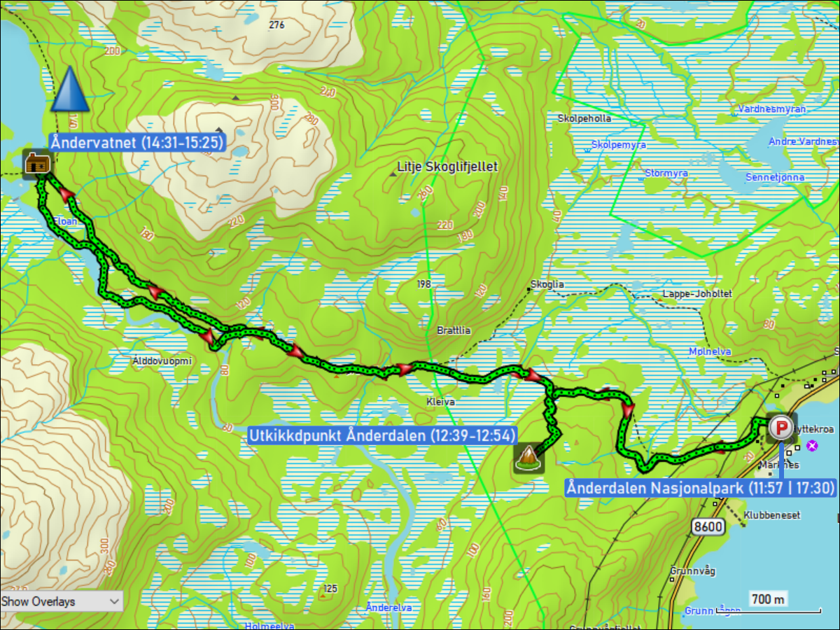 wegstrecke der wanderung vom parkplatz anderdalen nasjonalpark zur schutzhuette am andervatnet und zurueck