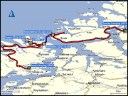 karte und hoehenprofil der fahrt vom senja camping via husoy zum tromso camping inklusive ueberfahrt mit der faehre von botnhamn nach brensholmen