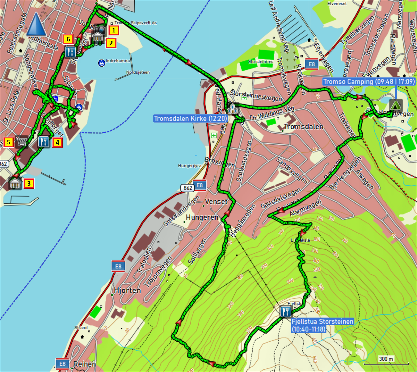 wegstrecke der wanderung vom campingplatz auf den storsteinen, durch das stadtzentrum von tromso und wieder zurueck zum campingplatz