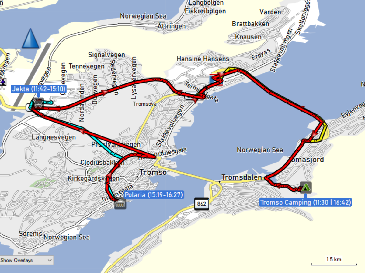 wegstrecke der fahrt vom tromso camping zum einkaufszentrum jekta, zum museum polaria und zurueck zum campingplatz