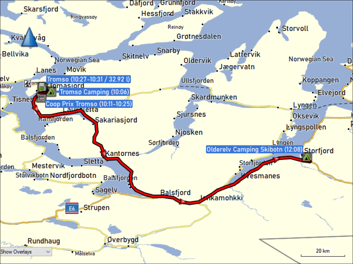 wegstrecke der fahrt vom tromso camping zum olderelv camping skibotn