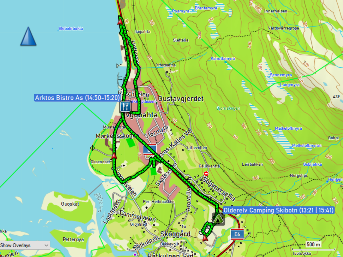 wegstrecke der kurzwanderung vom olderelv camping skibotn bis zum hafen und zurueck