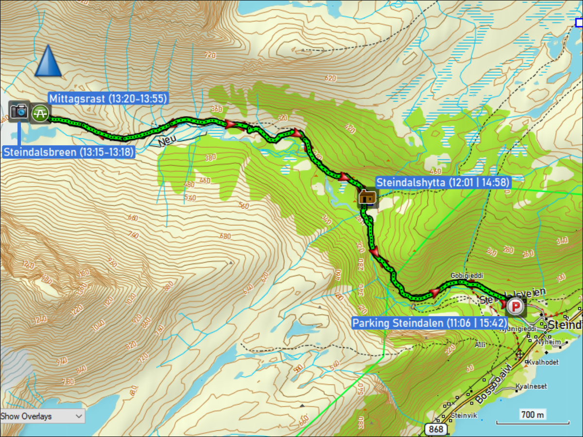 wegstrecke der wanderung vom parkplatz steindalen zum steindalsbreen und zurueck
