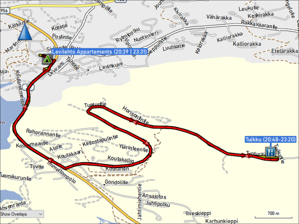 wegstrecke der fahrt von den levilehto appartements zum parkplatz tuikku und zurueck