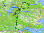 karte der fahrt vom camping holiday village himmerki bei posio zum parkplatz kirintoevaara und via K-market und lapin satu in posio zurueck zum campingplatz sowie karte und hoehenprofil der rundwanderung kirintoevaara - matalavaara - kuoppavaara - kirintoevaara