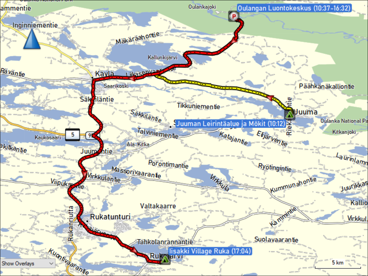 wegstrecke der fahrt vom juuman leirintaealue ja moeki via oulangan luontokeskus zum iisakki village ruka