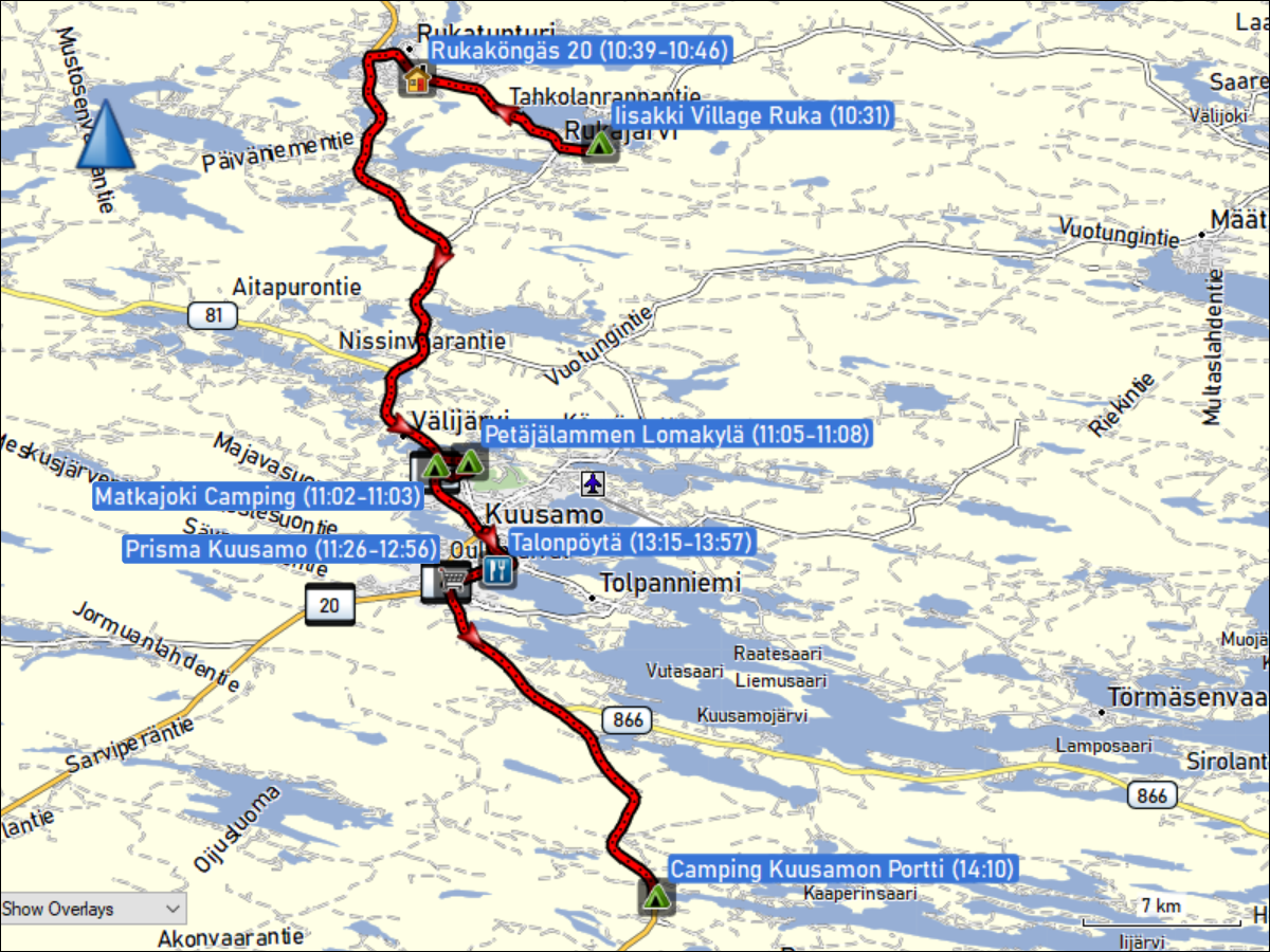 wegstrecke der fahrt vom iisakki village ruka via ruka und kuusamo zum camping kuusamo portti