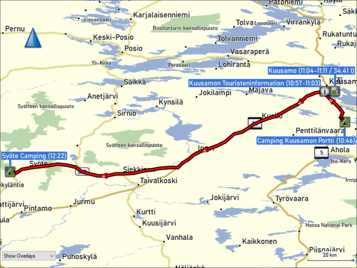 wegstrecke der fahrt vom camping kuusamo portti via kuusamo zum syoete camping