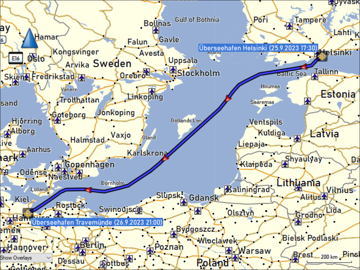wegstrecke der ueberfahrt mit der faehre finnmaid vom ueberseehafen helsinki zum ueberseehafen travemuende