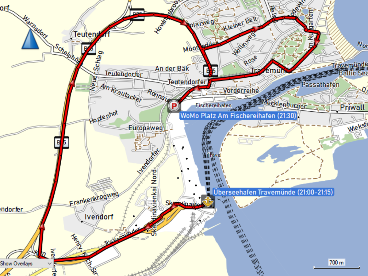 wegstrecke der fahrt vom ueberseehafen zum womo-platz am fischereihafen bei travemuende
