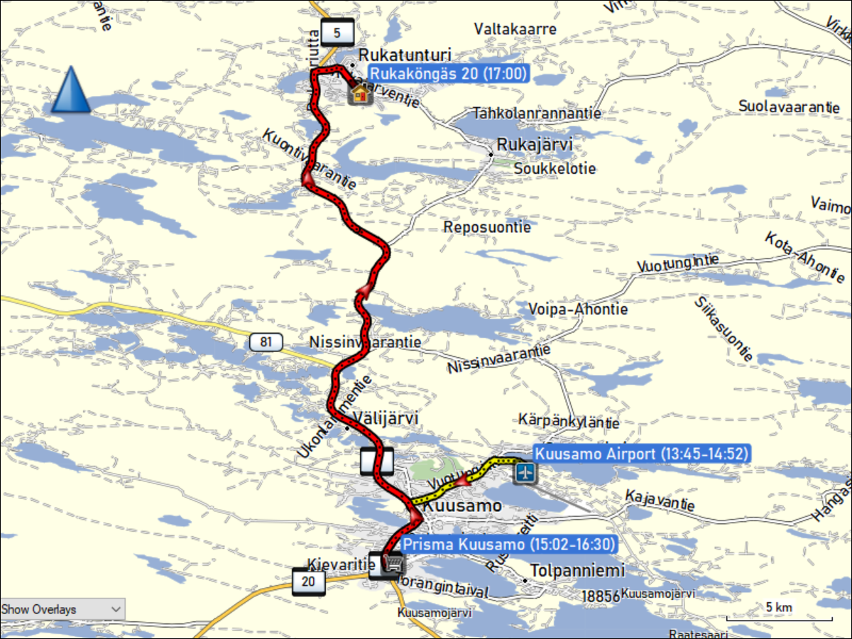 wegstrecke der fahrt vom kuusamo flughafen via prisma nach ruka