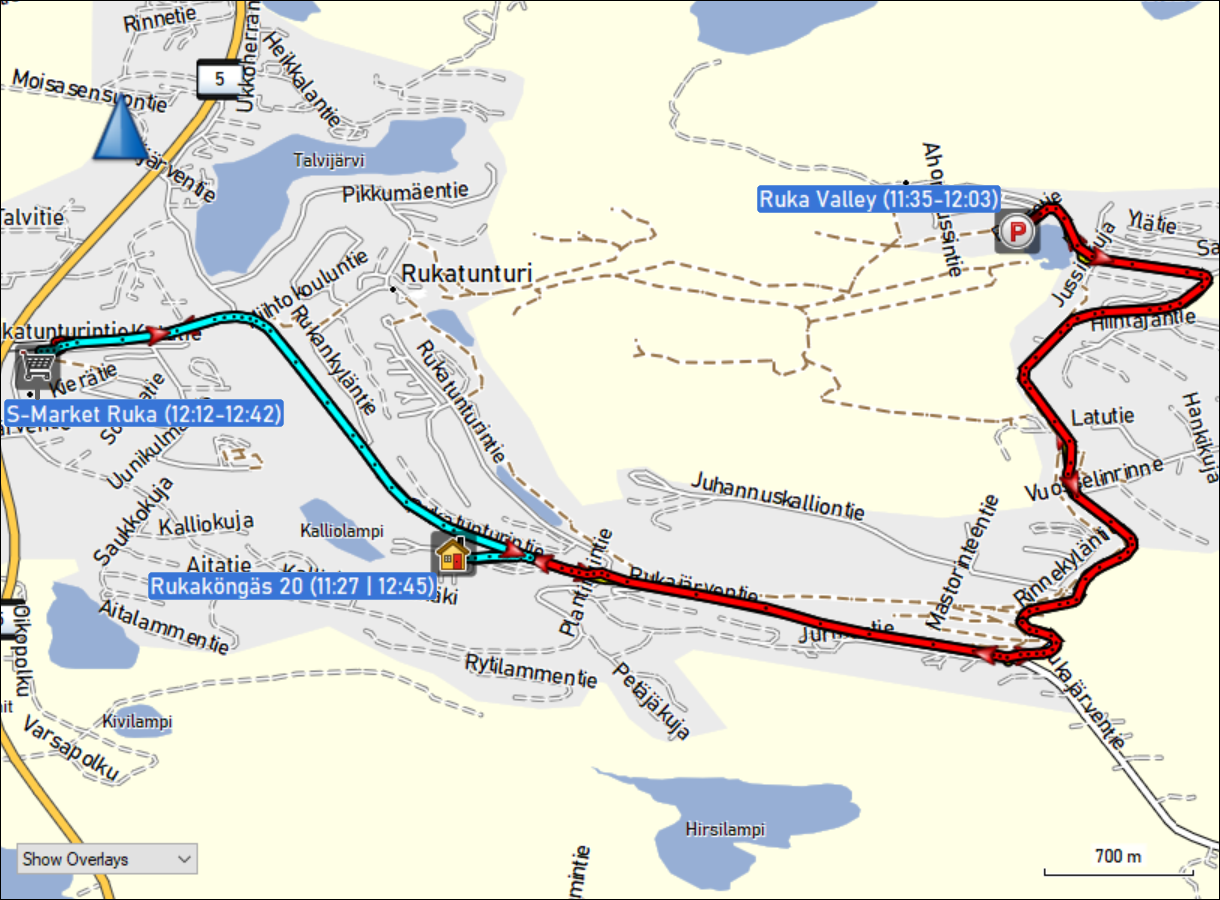 wegstrecke der fahrt vom haus rukakoengaes 20 in ruka zum parkplatz im ruka valley und via S-Market zurueck zum haus