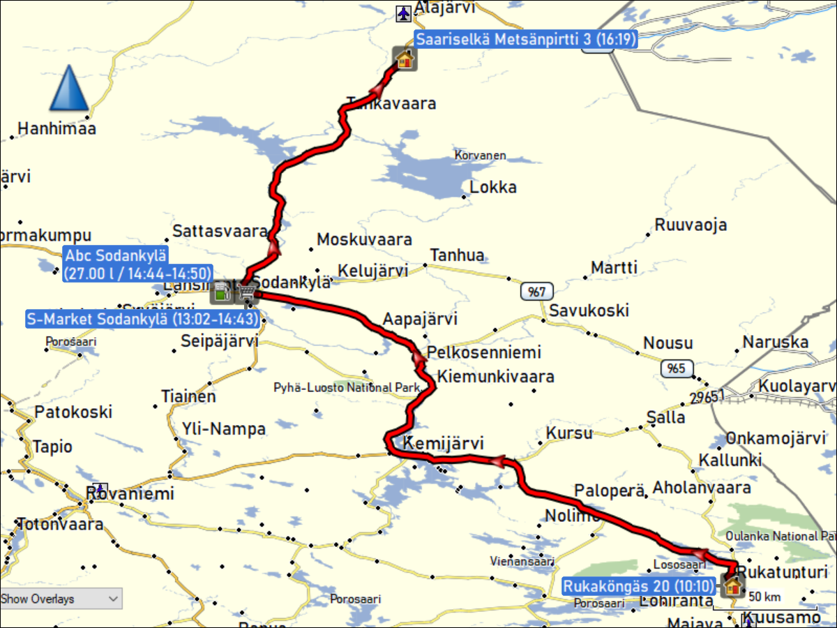 wegstrecke der fahrt von ruka via sodankylae nach saariselkae