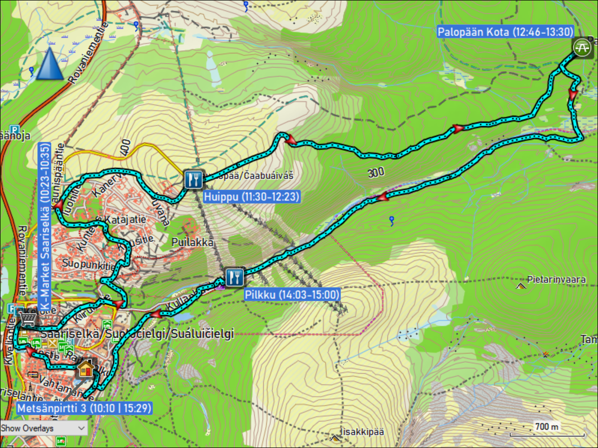 wegstrecke der langlaufrunde auf den kaunispaeae und via palopaeaen kata zurueck nach saarielkae