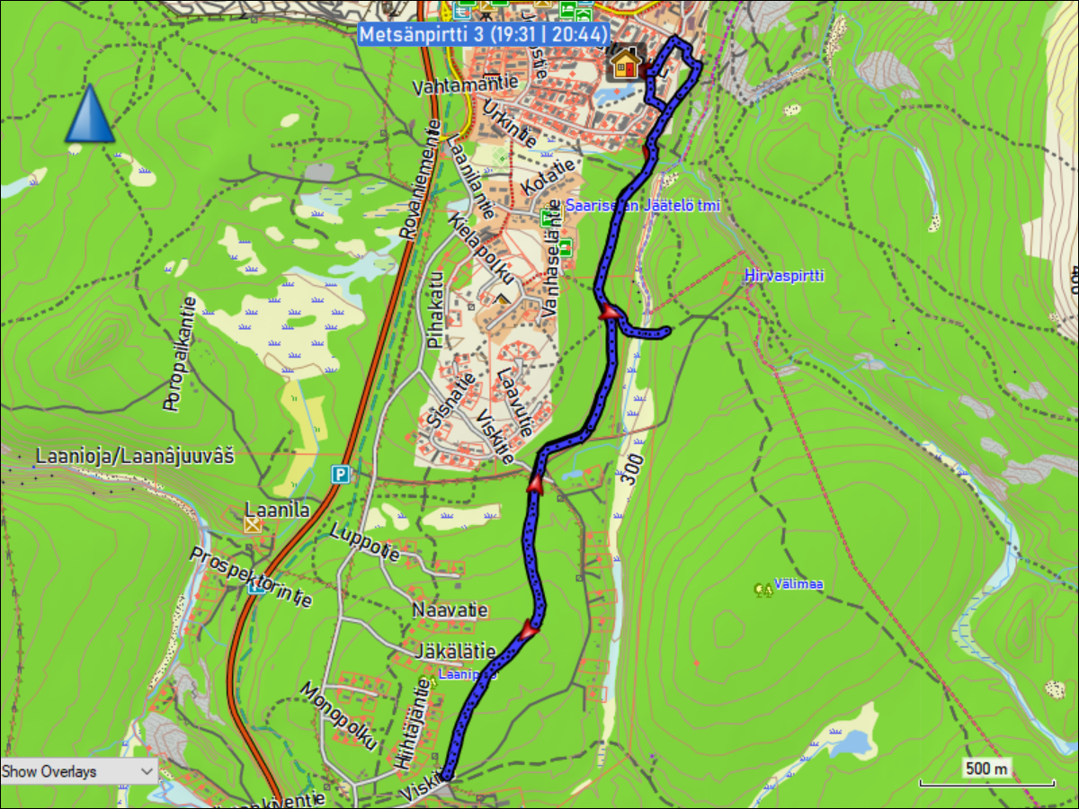 wegstrecke der langlaufrunde nach laanila und zurueck