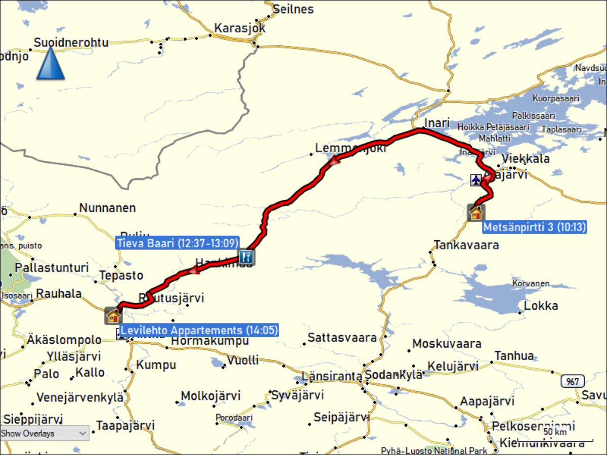 wegstrecke der fahrt von saariselkae via inari nach levi