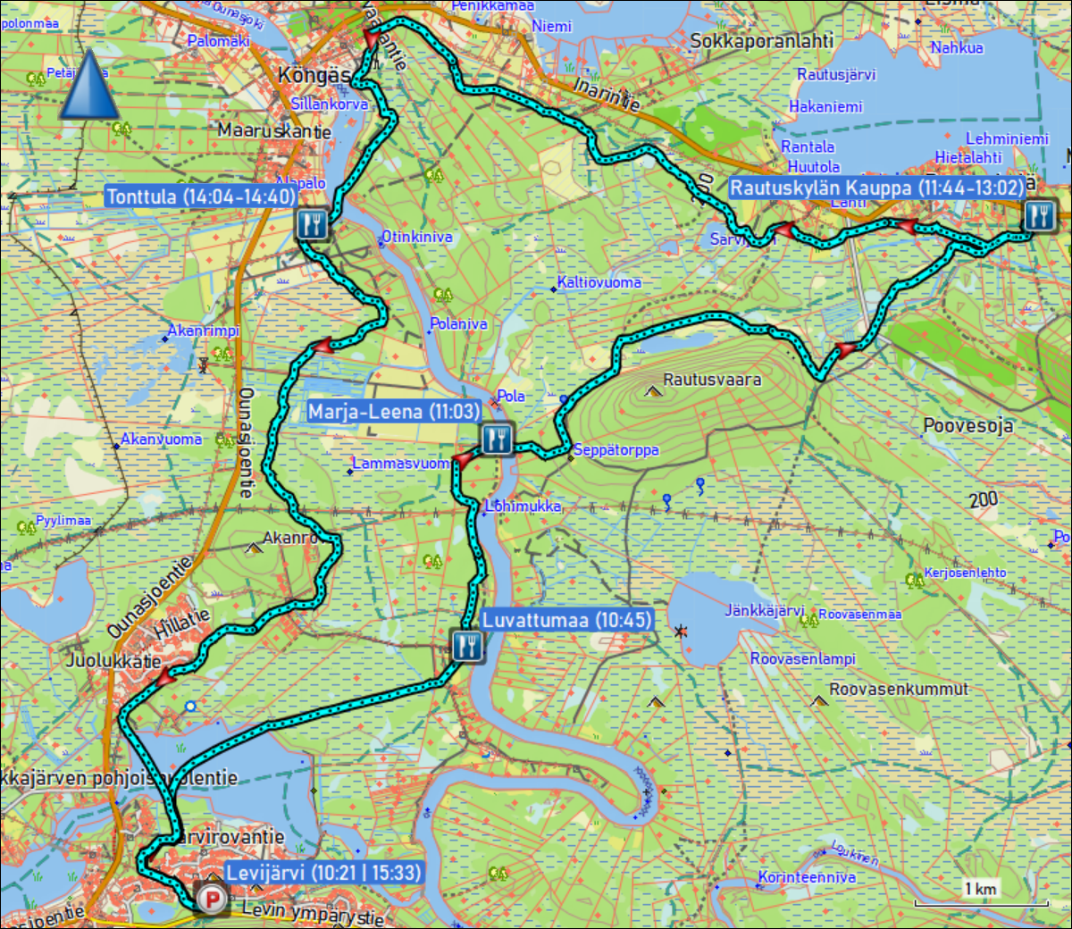 wegstrecke der langlaufrunde levijaervi - kuukka - rautuskylae - koengaes - tonttula - levijaervi