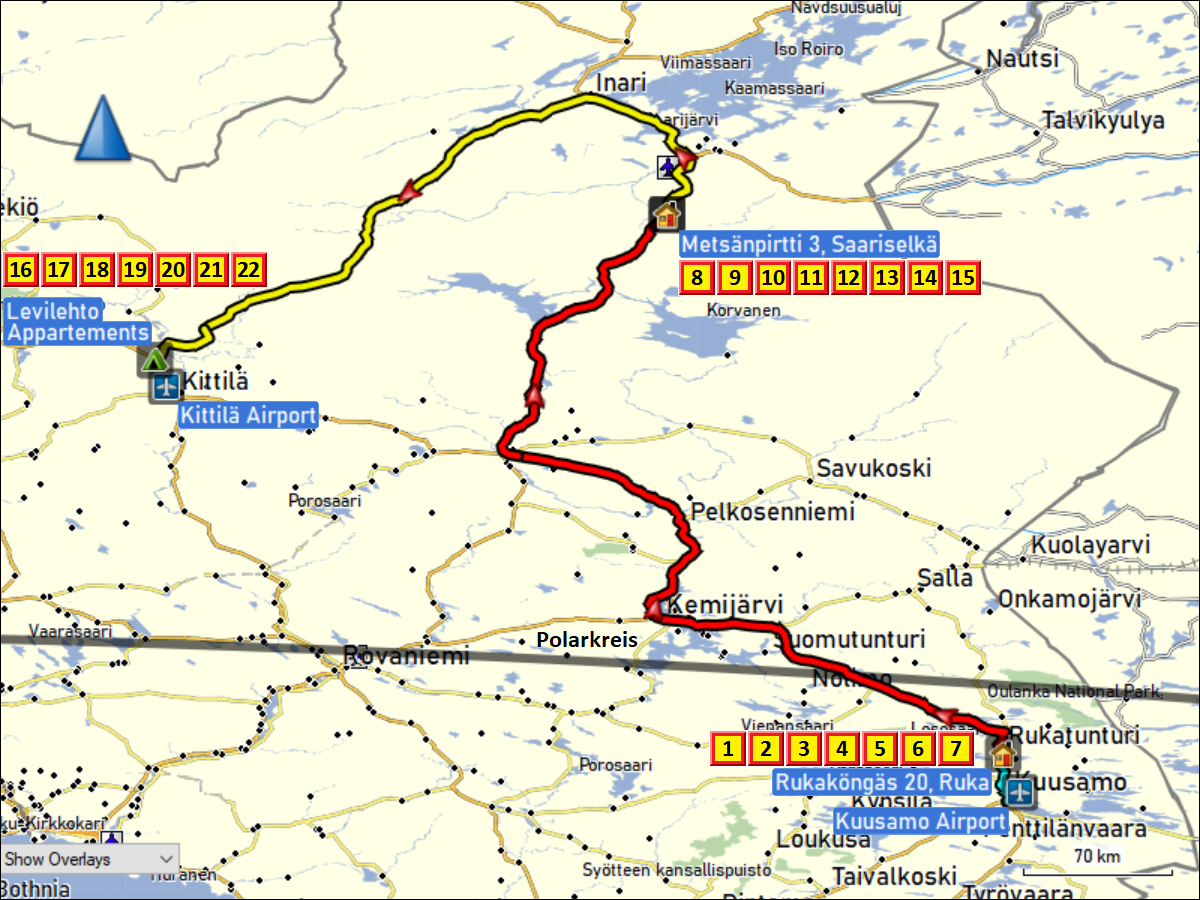 karte mit uebernachtungsorten und autofahrten in finnland