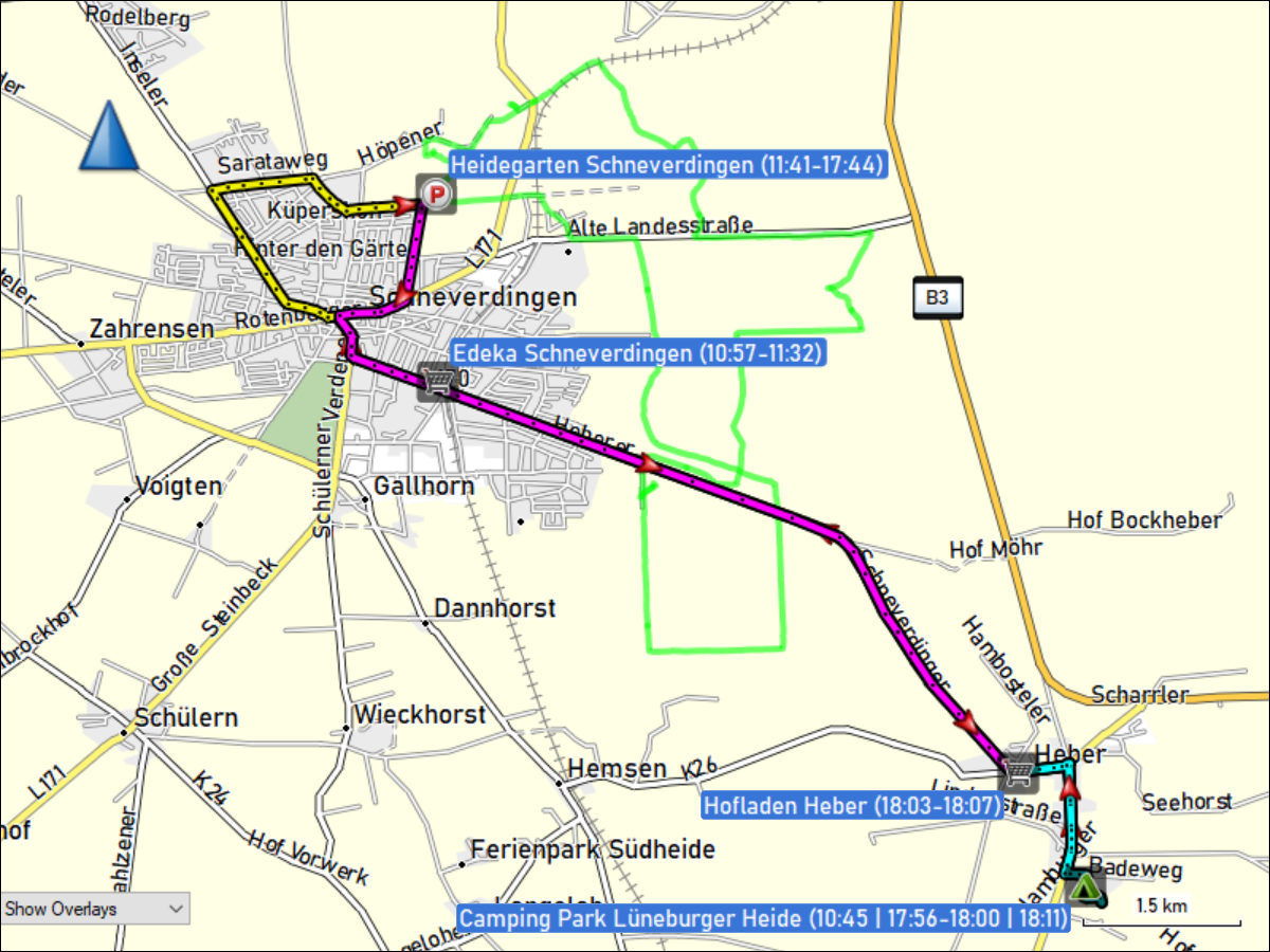 wegstrecke der fahrt vom camping park lueneburger heide in heber zum EDEKA und zum heidegarten in schneverdingen und zurueck