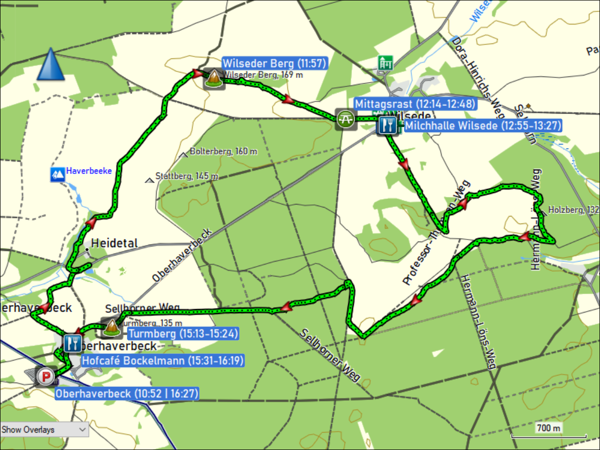 wegstrecke der rundwanderung von oberhaverbeck via wilseder berg, wilsede, totengrund mit holzberg und turmberg zurueck nach oberhaverbeck
