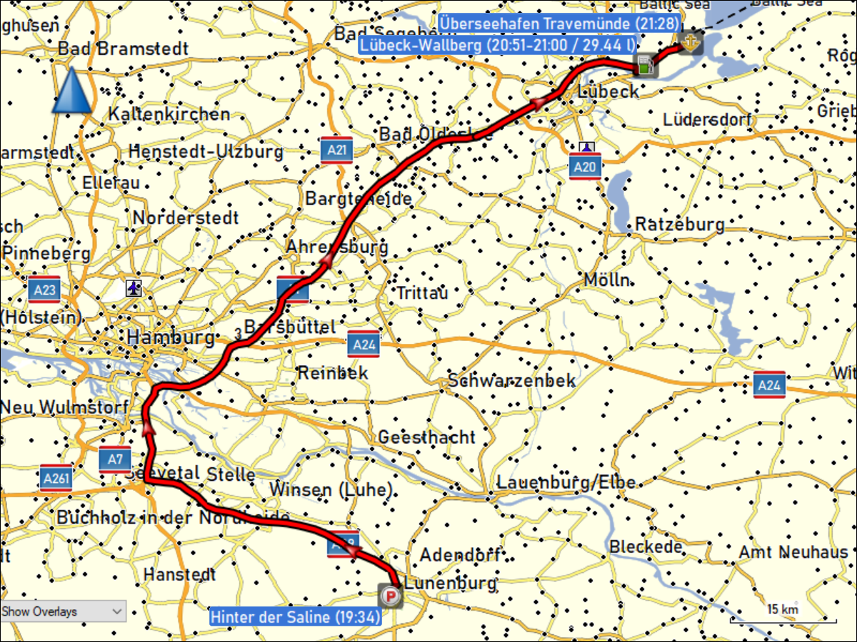 wegstrecke der fahrt von lueneburg zum ueberseehafen travemuende