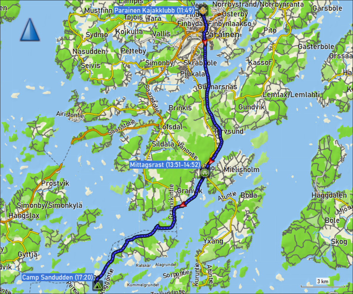 wegstrecke der kajaktour vom parainen kajakklubb zum camp sandudden