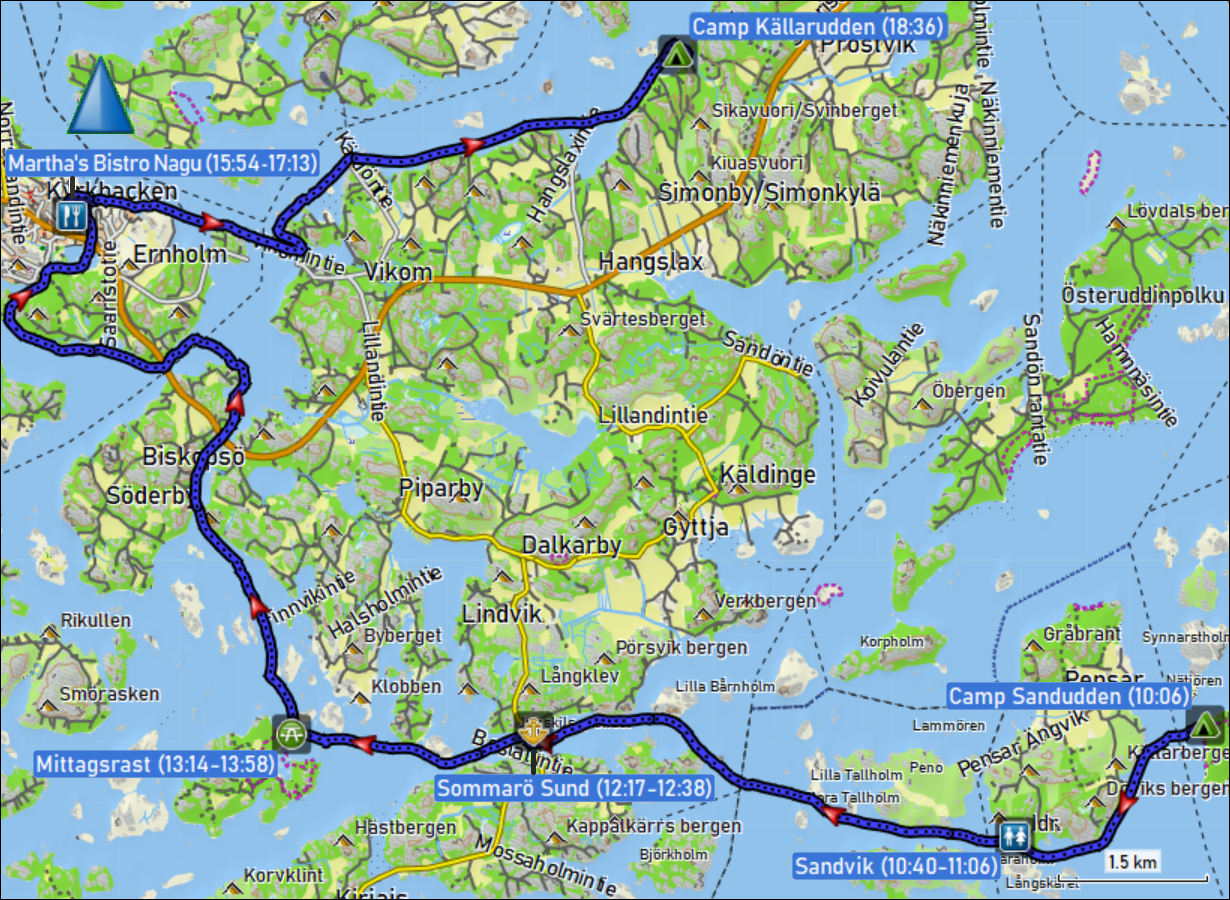 wegstrecke der kajaktour vom camp sundudden via nagu zum camp kaellarudden