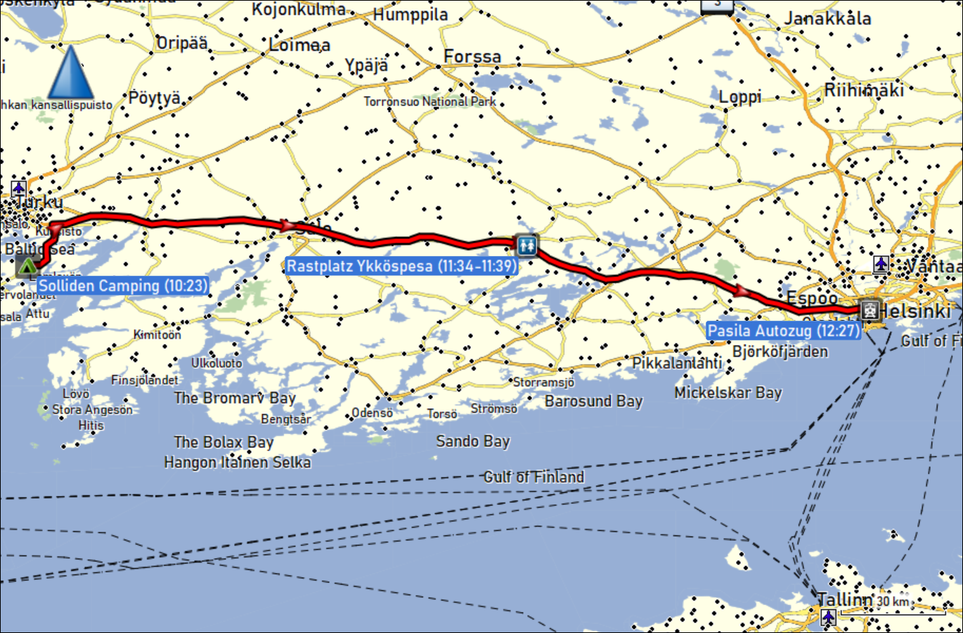 wegstrecke der fahrt vom solliden camping bei parainen zum autoverlad pasila bei helsinki