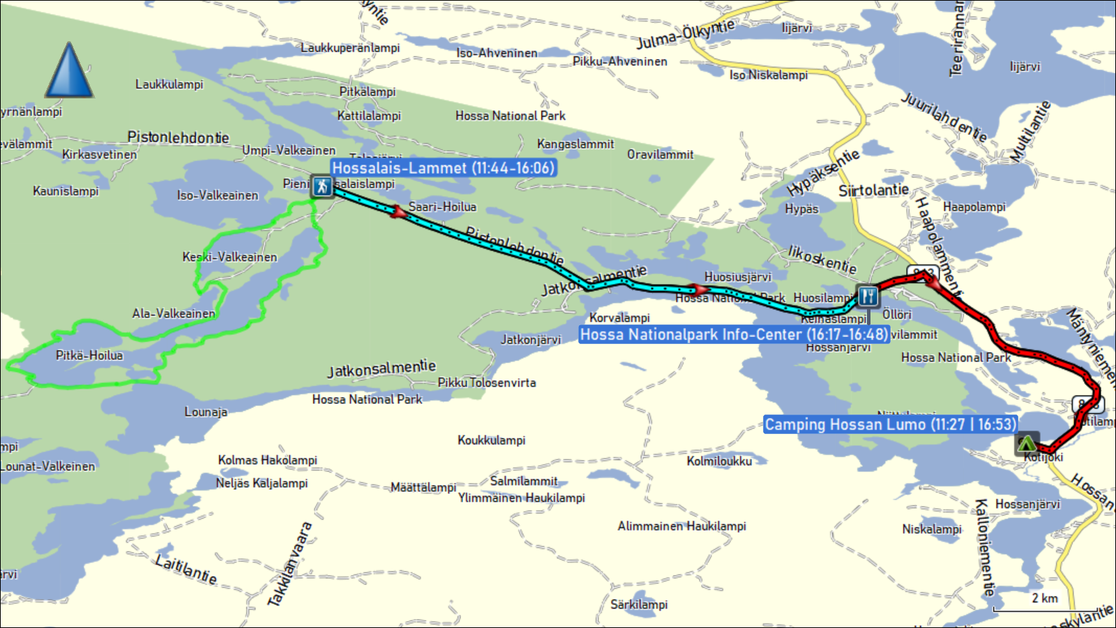 wegstrecke der fahrt vom camping hossan lumo nach hossalais-lammet und zurueck via hossa nationalpark info-center