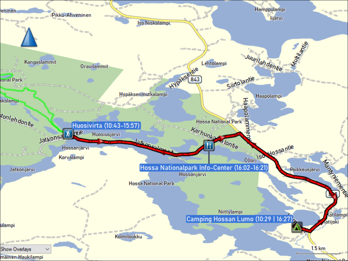 wegstrecke der fahrt vom camping hossan lumo nach huosivirta und zurueck via info-center des hossa nationalpark