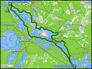 karte der fahrt vom camping hossan lumo nach huosivirta und zurueck via info-center des hossa nationalpark sowie karte und hoehenprofil der rundwanderung hakokosken hujaus+laukkujaerven lenkki im hossa nationalpark