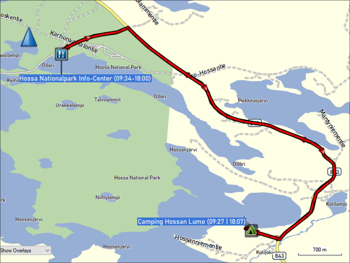 wegstrecke der fahrt vom camping hossan lumo zum info-center des hossa nationalpark und zurueck