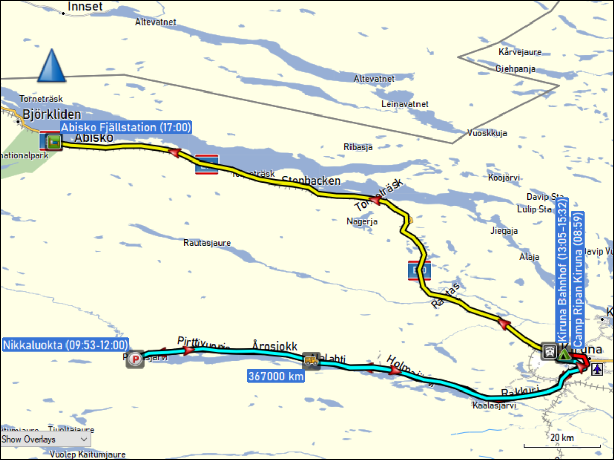 wegstrecke der fahrt mit dem jogi von kiruna nach nikoluokta, der fahrt mit dem bus von nikkaluokta zurueck nach kiruna und der fahrt mit dem zug von kiruna nach abisko