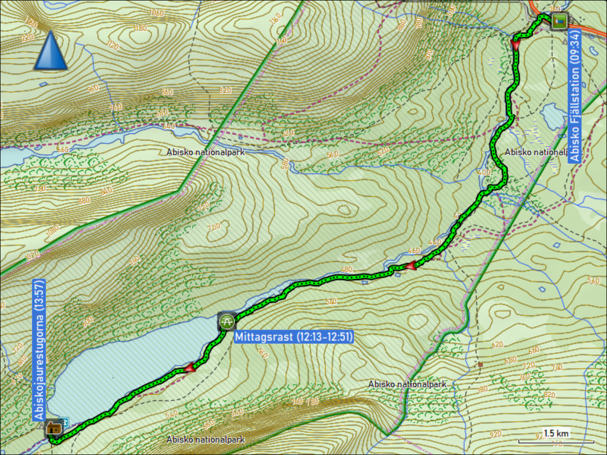 wegstrecke der wanderung von der abisko fjaellstation zu den abiskojaurestugorna