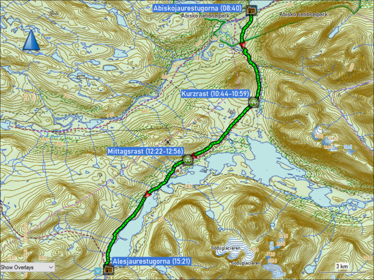 wegstrecke der wanderung von den abiskojaurestugorna zu den alesjaurestugorna